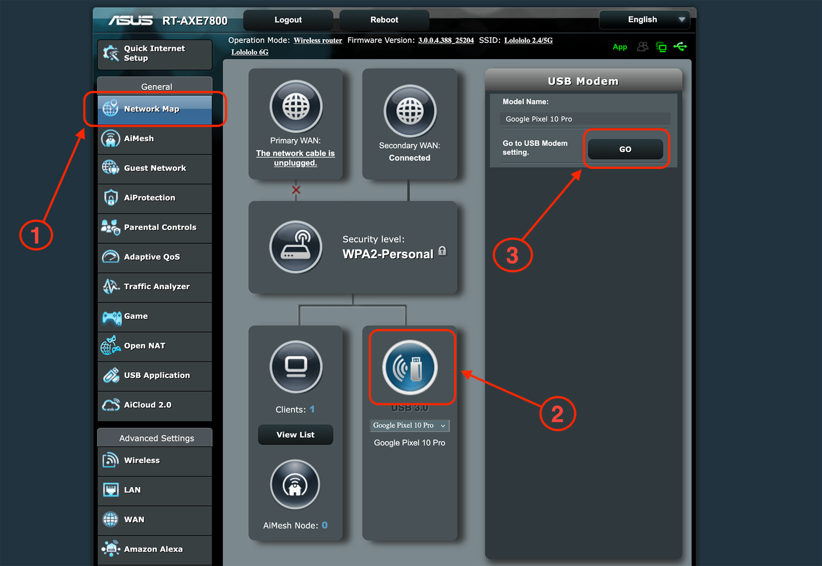 Setting up an ASUS router to work with a USB modem.