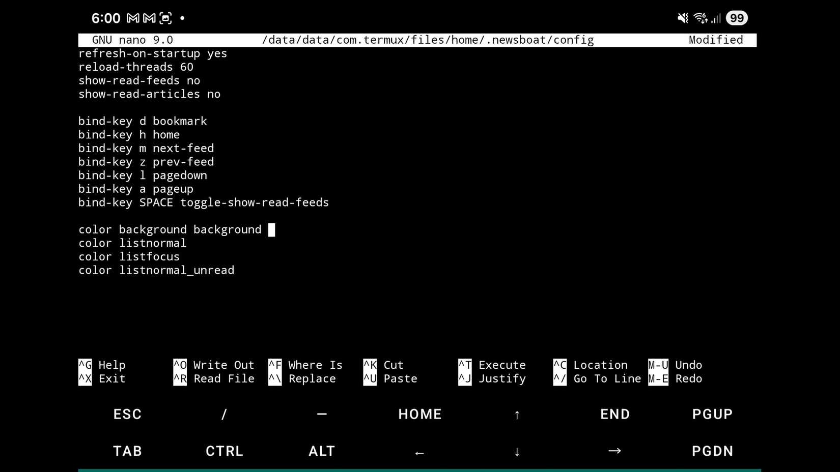 Setting up the config file for newsboat in nano on Termux.