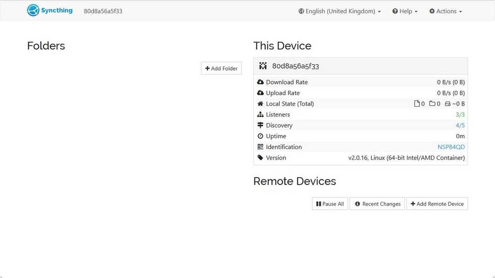 Syncthing web interface running in Firefox