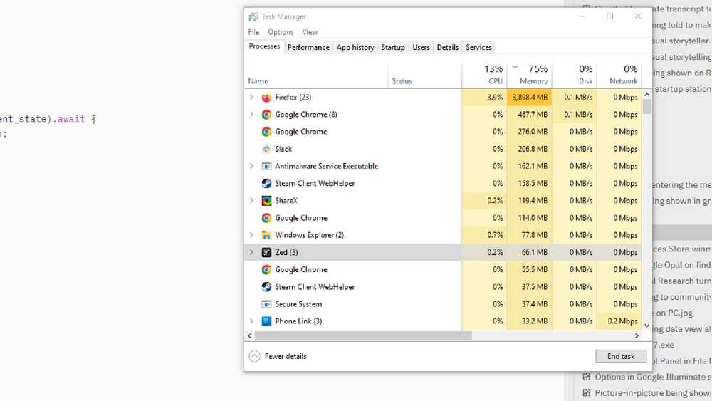 Task Manager showing Zed's minimal resource consumption compared to typical Electron apps