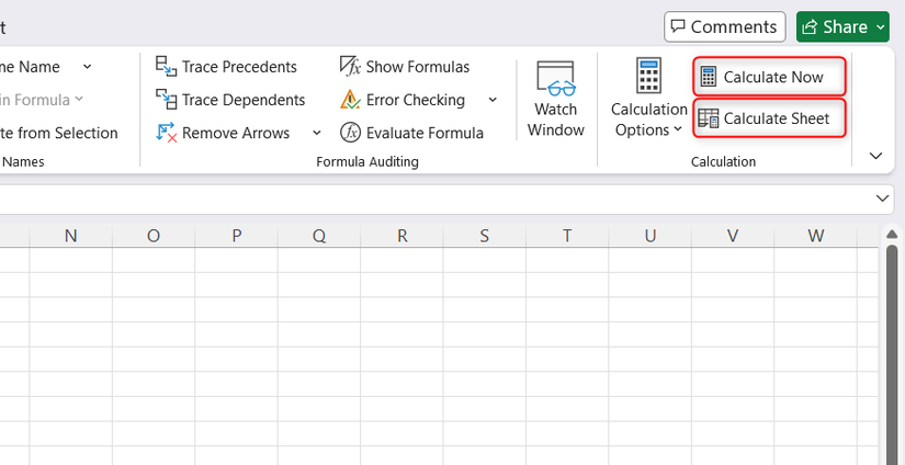 The Calculate Now and Calculate Sheet buttons within the Calculation group on the Excel ribbon.