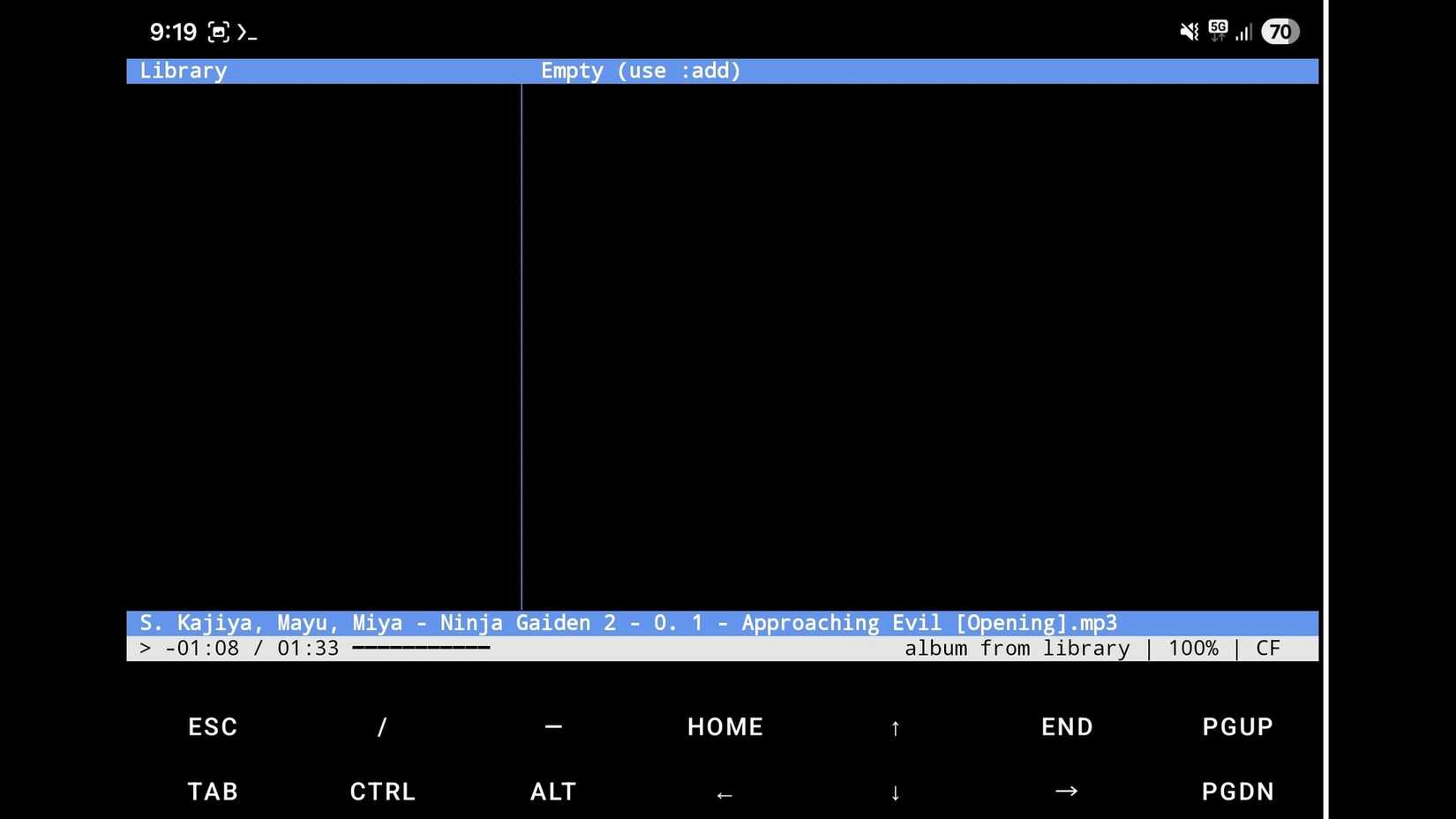The cmus Library view running on Termux.
