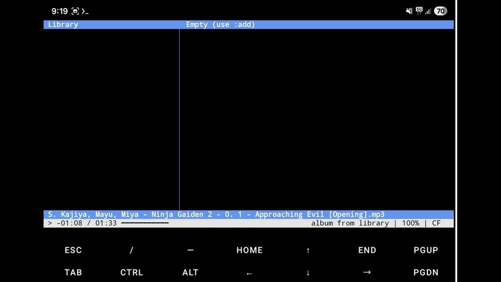 The cmus library view running in Termux