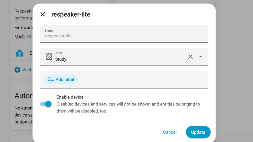 The Home Assistant device settings panel for respeaker-lite showing Name Area and Enable device.