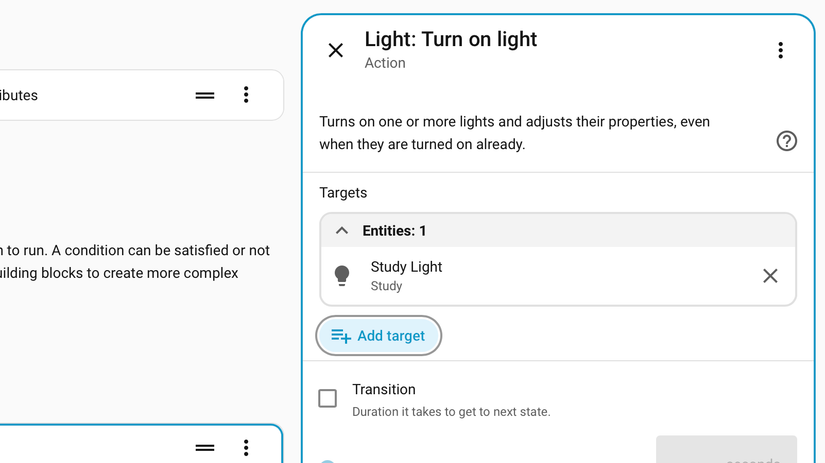 The Home Assistant Light Turn on light action panel showing Study Light as the target entity.