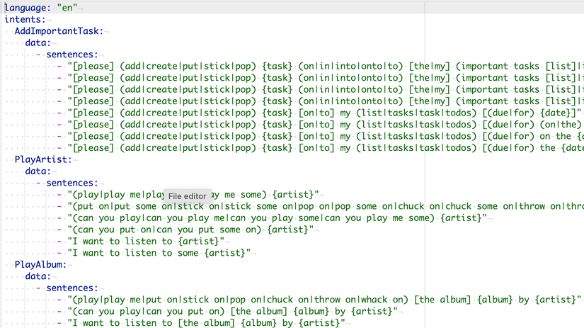 The Home Assistant voice assistant intents configuration file showing AddImportantTask PlayArtist and PlayAlbum intents.