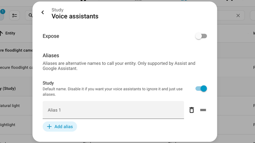 The Home Assistant Voice assistants panel for Study showing the Expose toggle and Aliases section.