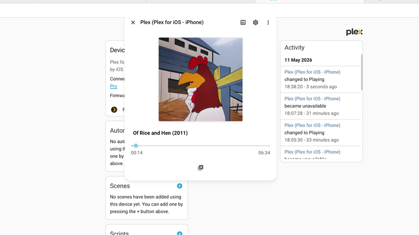 The now playing screen for the Plex Media Server integration in Home Assistant.