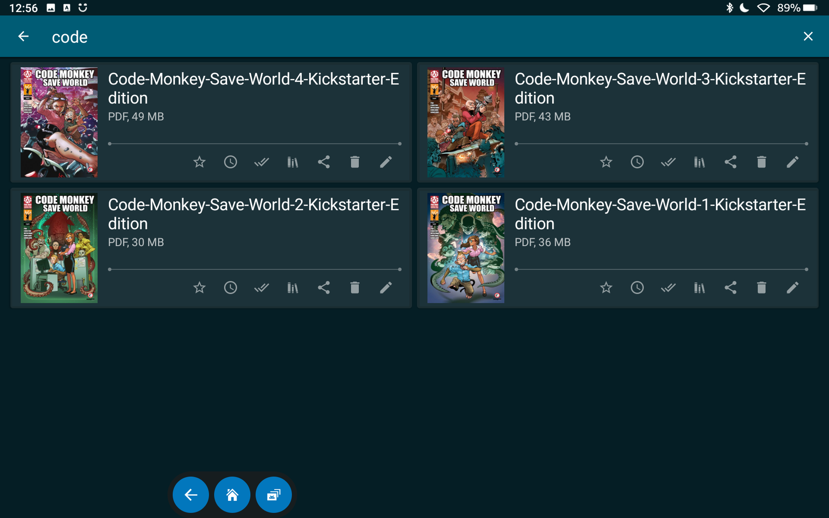 The opening page of ReadEra showing four issues of Code Monkey Save World.