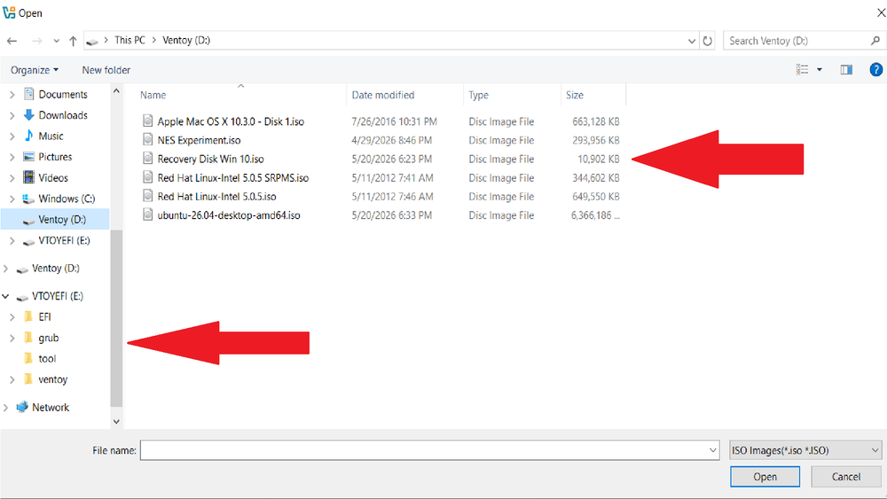Ventoy's interface showing multiple ISO files ready to boot from a single USB drive