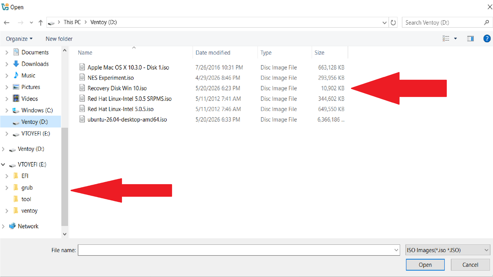 The Ventoy USB stick in Windows, showing the ISO files contained on the disc and the Ventoy app itself.