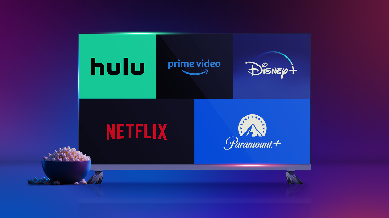 TV showing Hulu, Prime Video, Disney+, Netflix, and Paramount+ logos with a bowl of popcorn beside it.