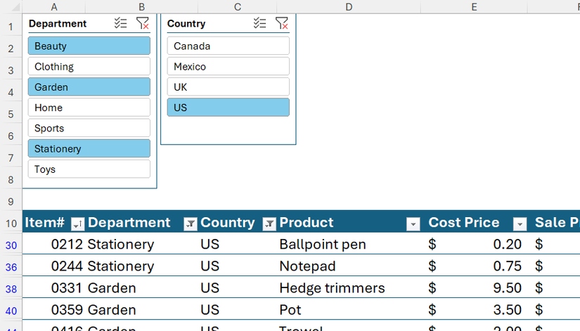 Two floating interactive slicer blocks positioned above an Excel table with active criteria highlighted in light blue.