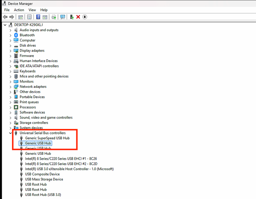 Windows Device Manager with the “Universal Serial Bus controllers” section expanded and several USB hubs highlighted in red.