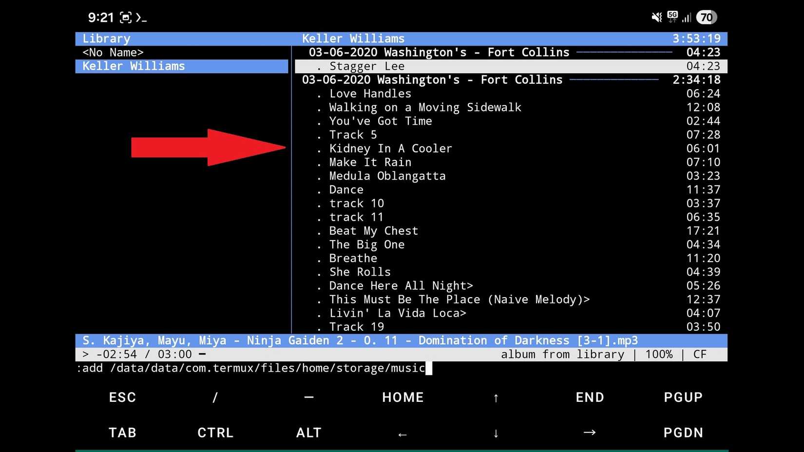 Using commands in cmus to play back some songs.