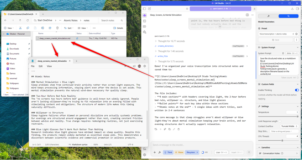 Voice transcription processed into structured Markdown notes saved to a local folder