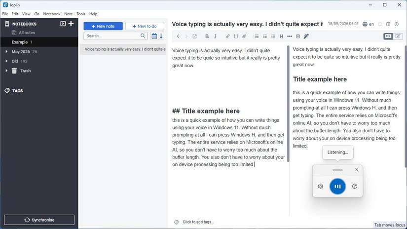 Voice typing with Windows 11 in Joplin. 
