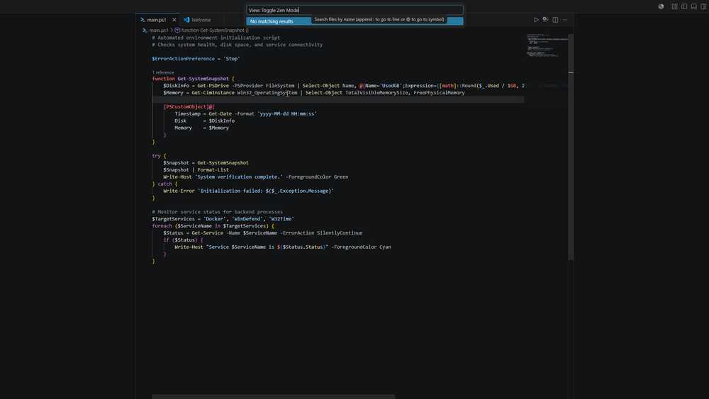 VS Code's Zen Mode, accessible in under a second via the Command Palette