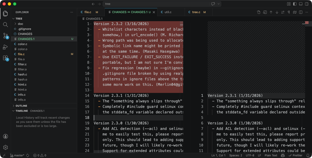 VS Code's built-in diff viewer highlights differences between two files