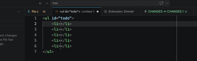 VS Code markup for an unordered list with id and five list elements inside.
