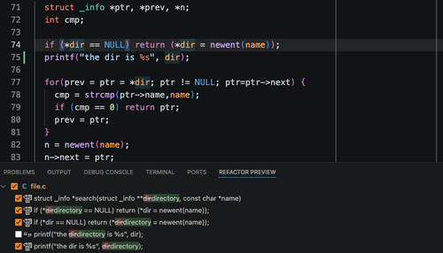 The rename preview shows every change before you commit to it
