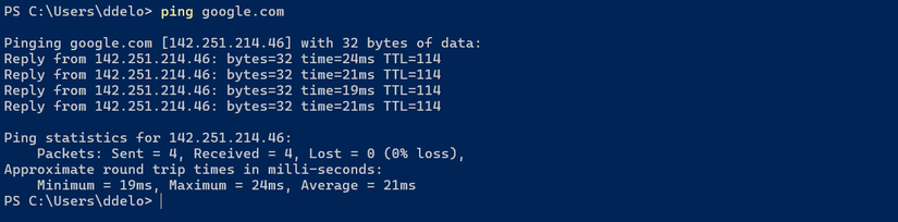 Output of Windows Powershell ping command from google.com.