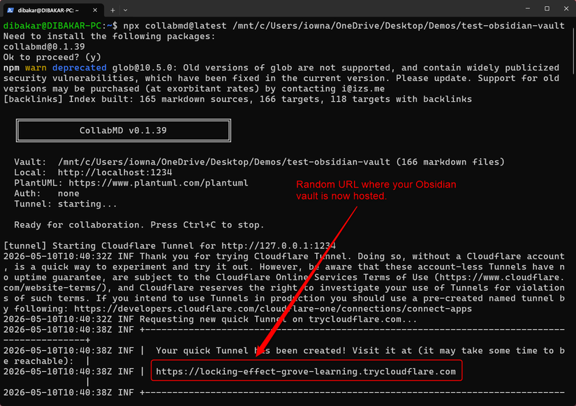 WSL 2 terminal showing the npx collabmd@latest command starting CollabMD v0.1.39 and generating a Cloudflare Quick Tunnel URL.