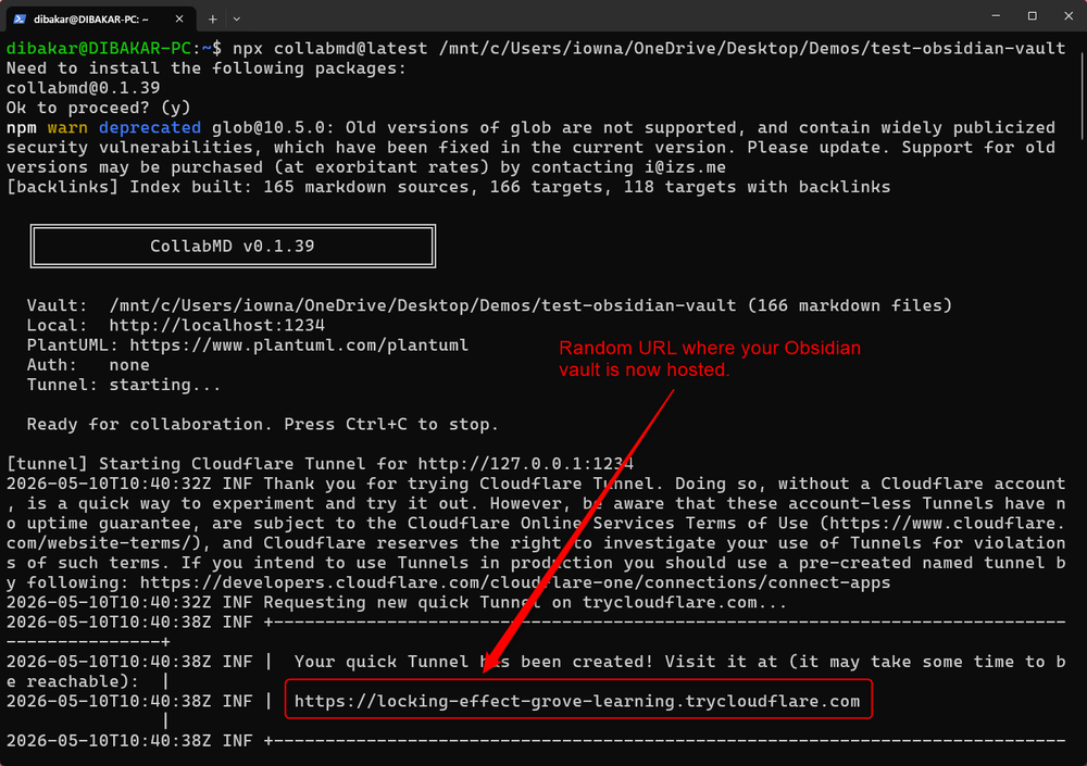 Starting CollabMD generates a Cloudflare tunnel URL for remote access
