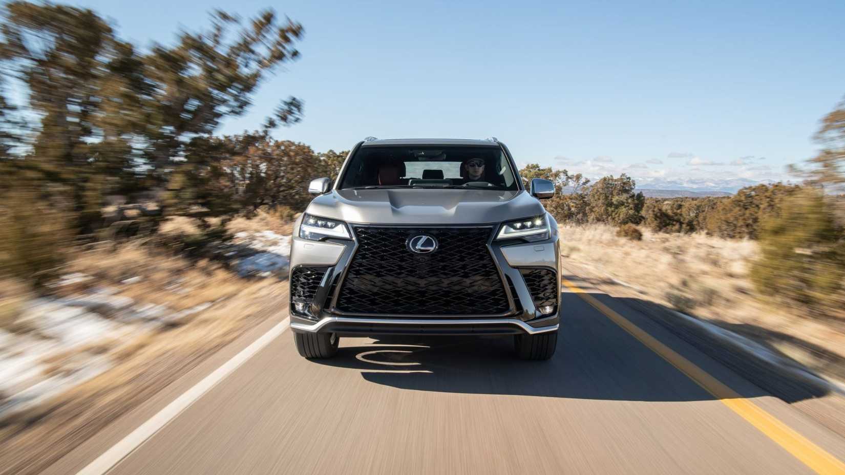 Dynamic front-end shot of a 2026 Lexus LX 600 F SPORT.