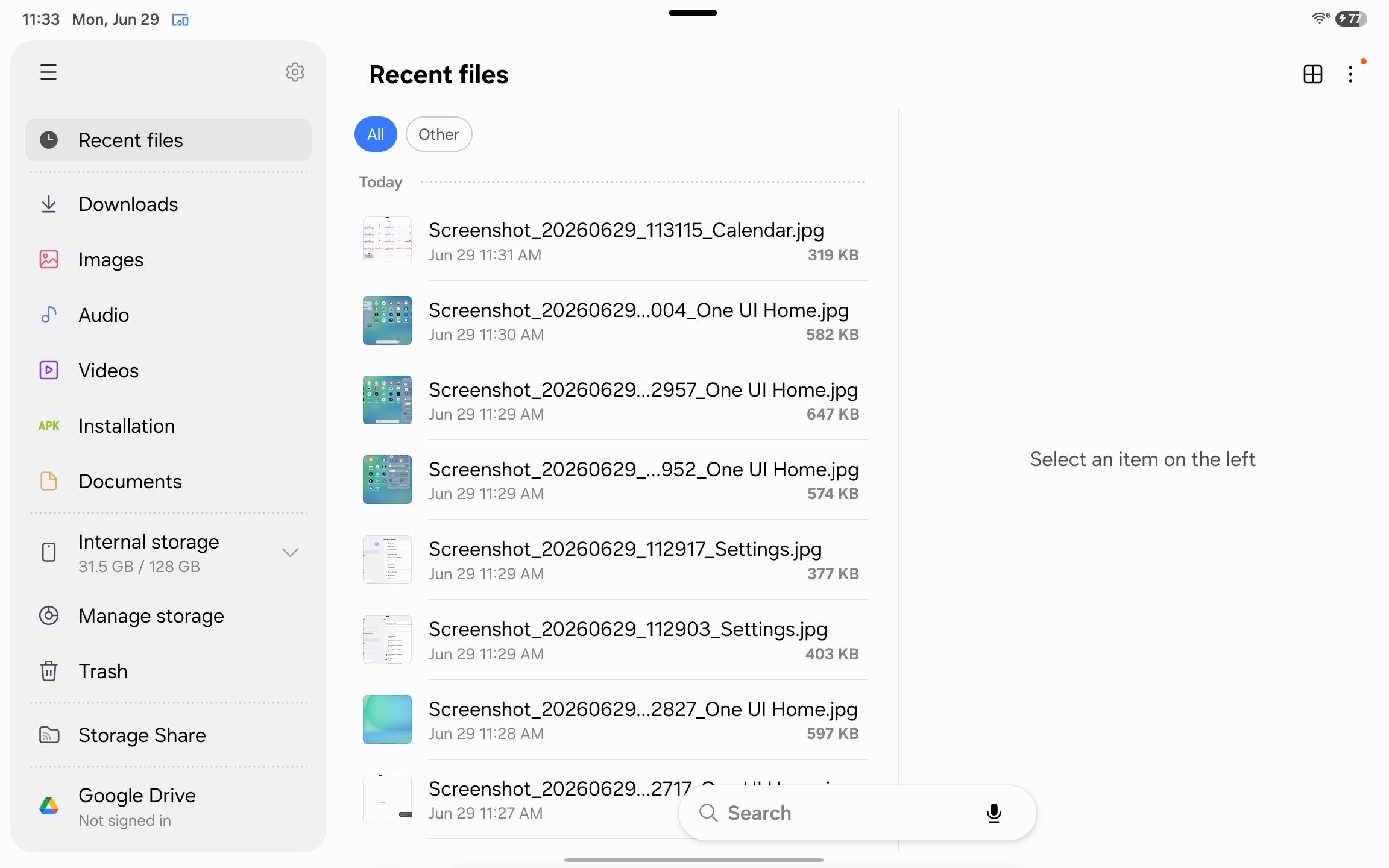 Screenshots in the Samsung My Files app on a Galaxy tablet.