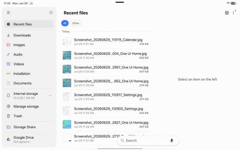 Screenshots in the Samsung My Files app on a Galaxy tablet.