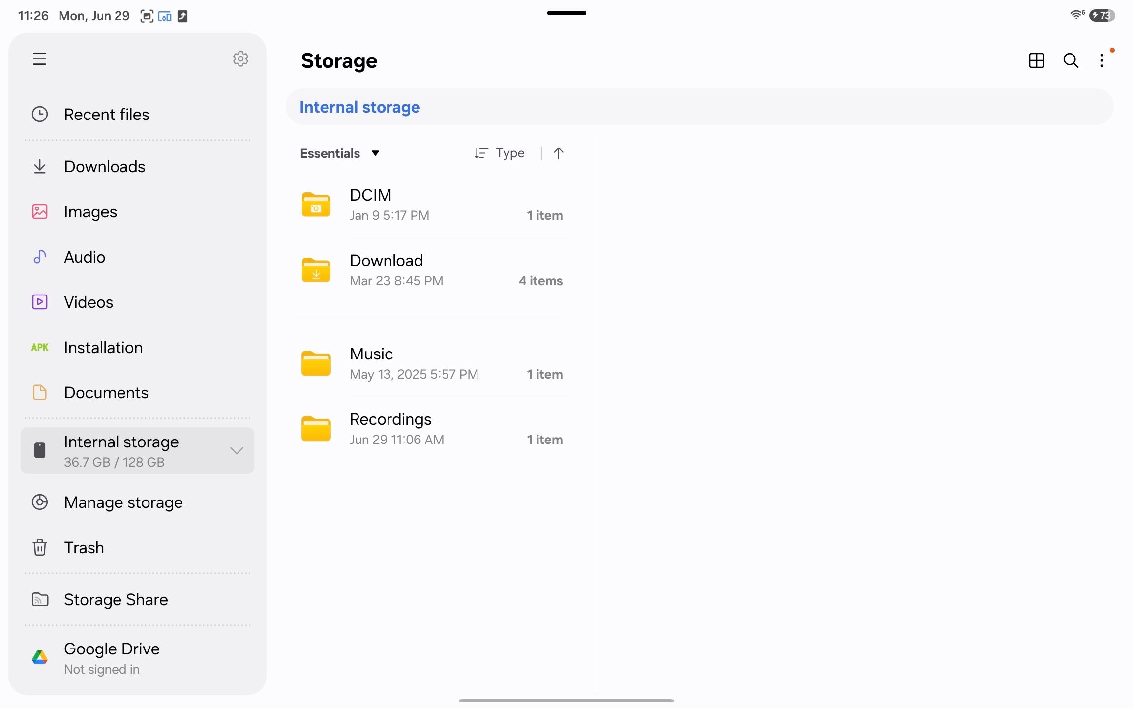 Folders in Samsung My Files on a Galaxy tablet.