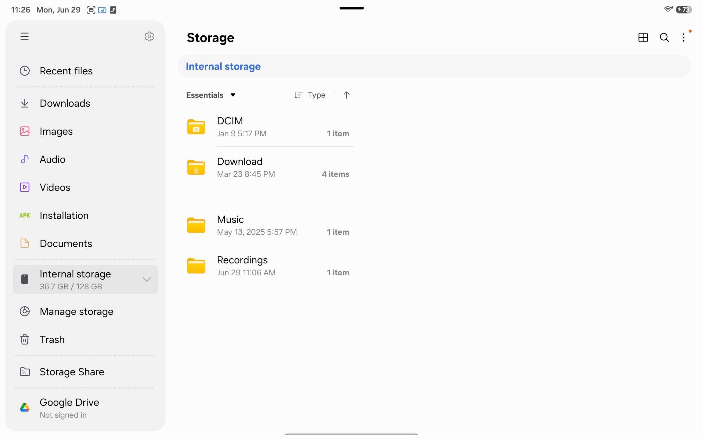 Folders in Samsung My Files on a Galaxy tablet.