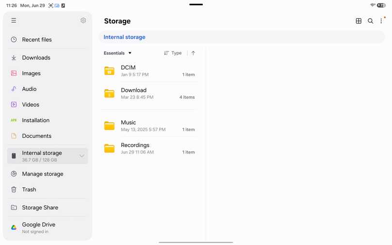 Folders in Samsung My Files on a Galaxy tablet.