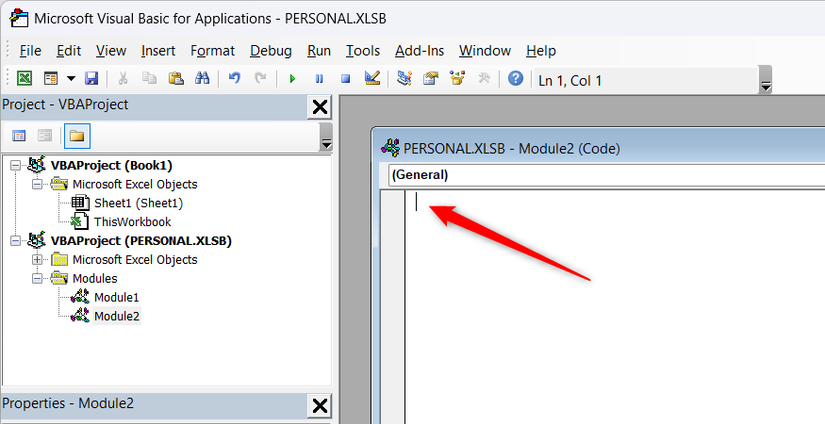 A blank module in PERSONAL.XLSB in the Excel VBA window.