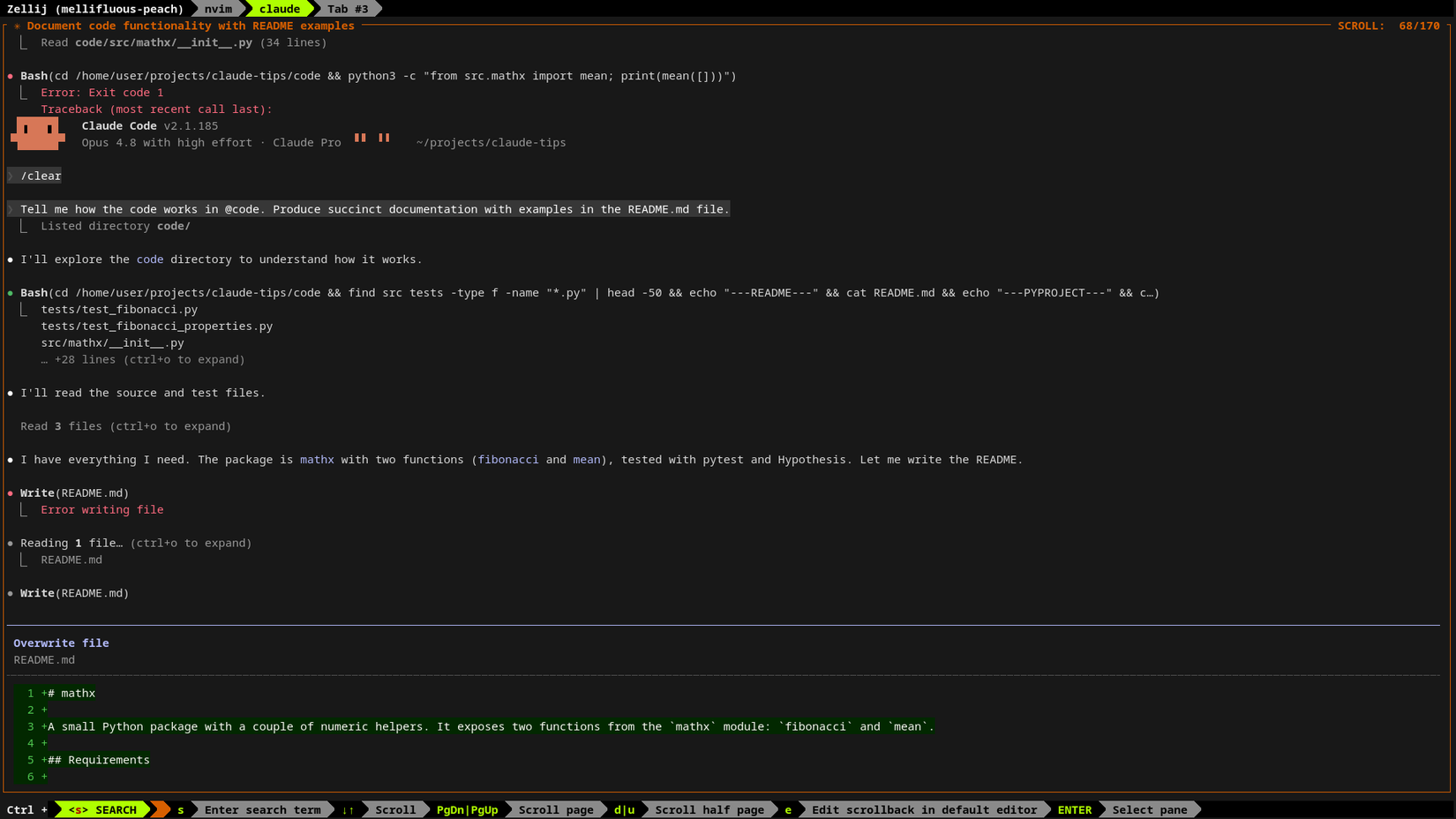 A Claude Code session documents the mathx code and writes a README.md describing its fibonacci and mean functions.