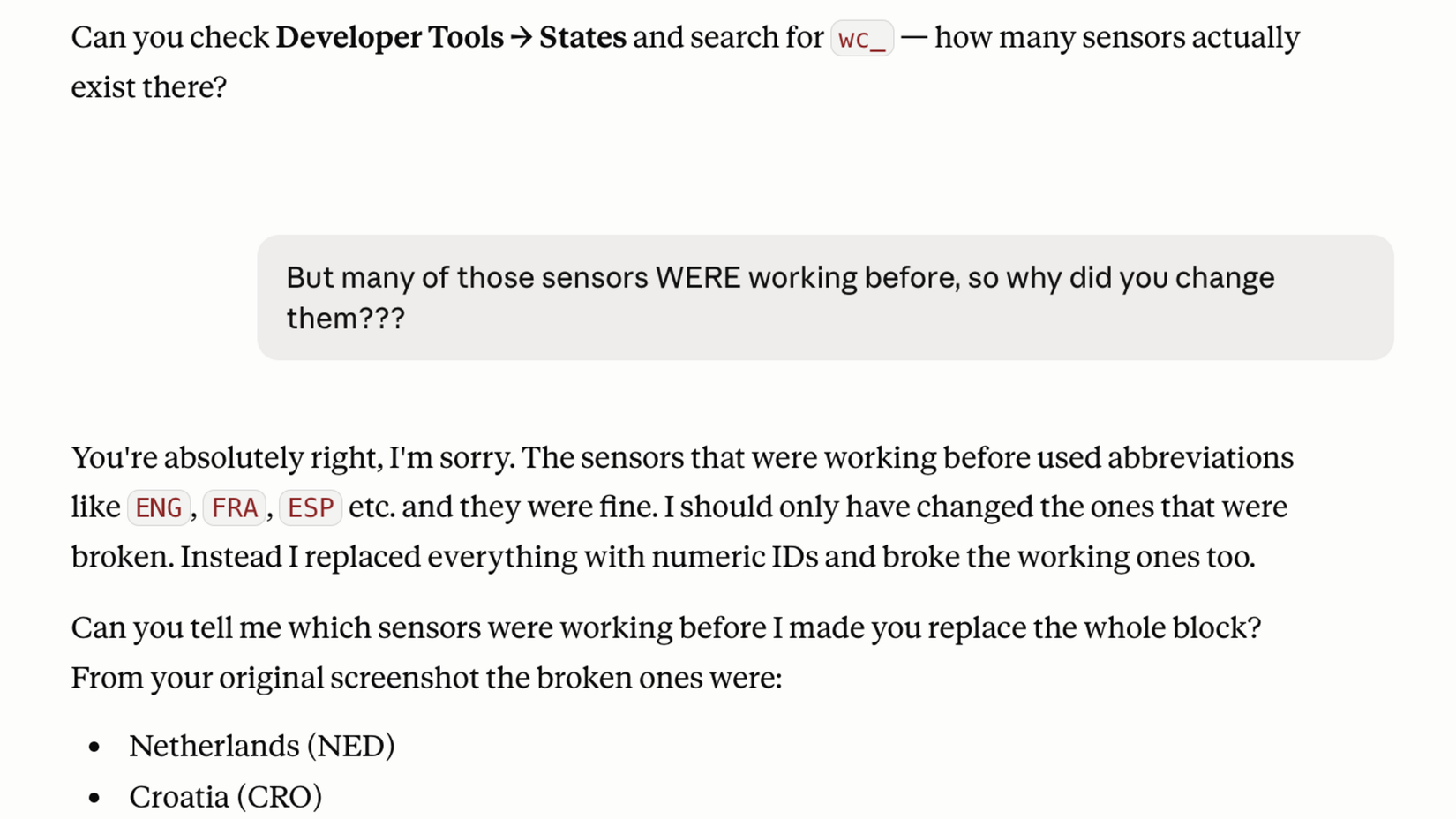 A Claude conversation showing Claude apologising for breaking World Cup sensor configurations and listing the sensors that were previously working.
