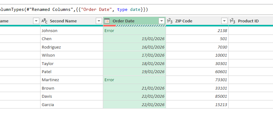 A column named Order Date in Power Query Editor displays two Error values.