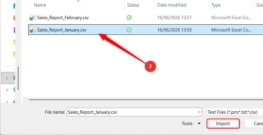 A CSV file named Sales_Report_January is selected in Excel's Import Data window.