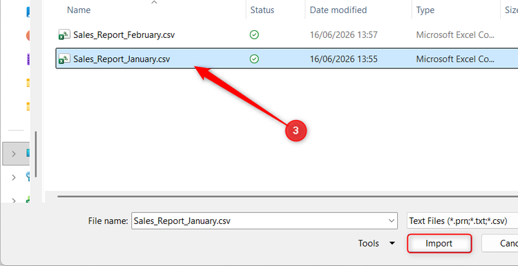 A CSV file named Sales_Report_January is selected in Excel's Import Data window.