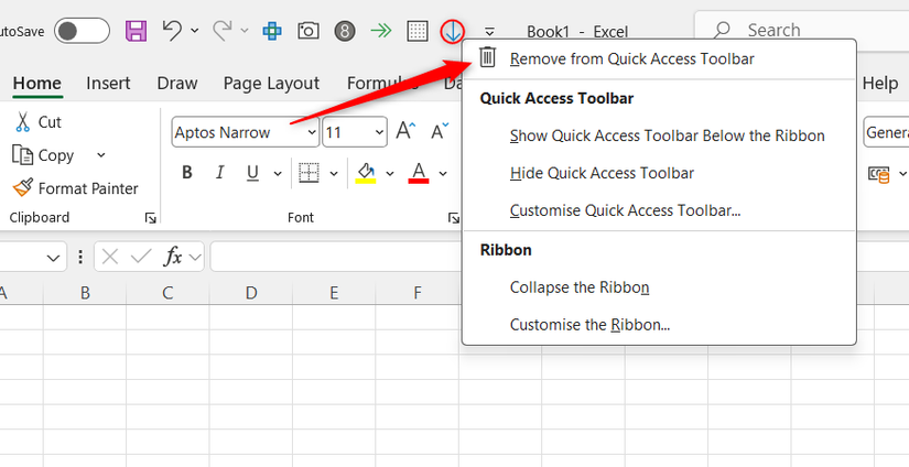 A custom QAT icon in Excel is selected via a right-click, and Remove from Quick Access Toolbar is highlighted.