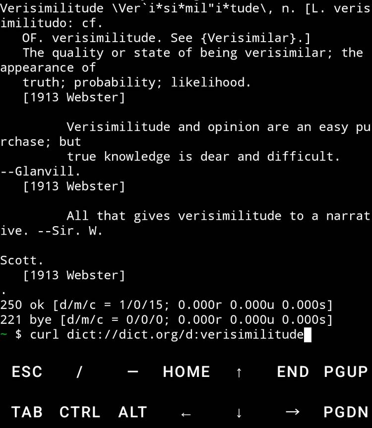 A definition of the word verisimilitude accessed via curl in Termux on Android.