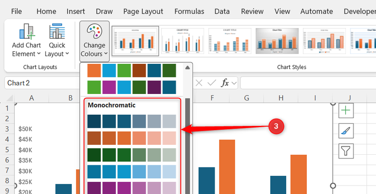 A drop-down menu in Microsoft Excel displays various Monochromatic color palette options for selection.