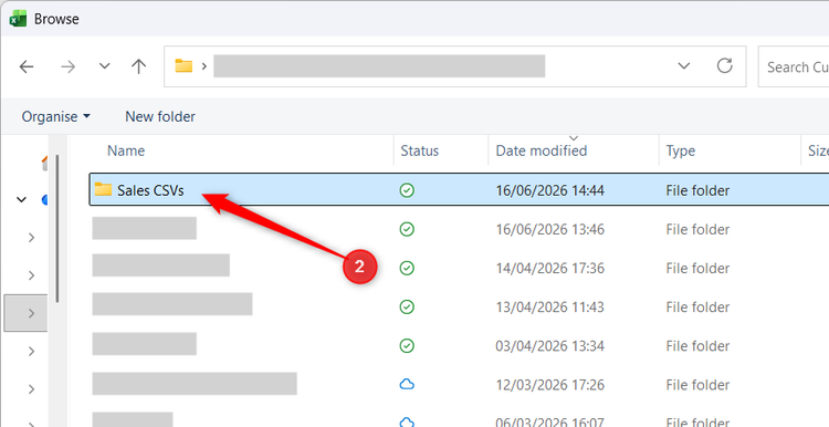A folder named Sales CSVs is selected in Excel's Browse window.