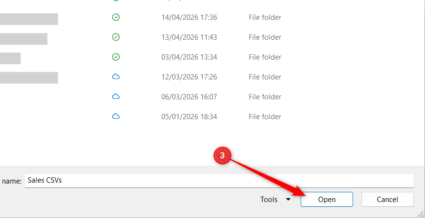 A folder names Sales CSVs is selected and Open is highlighted in Excel's Browse window.