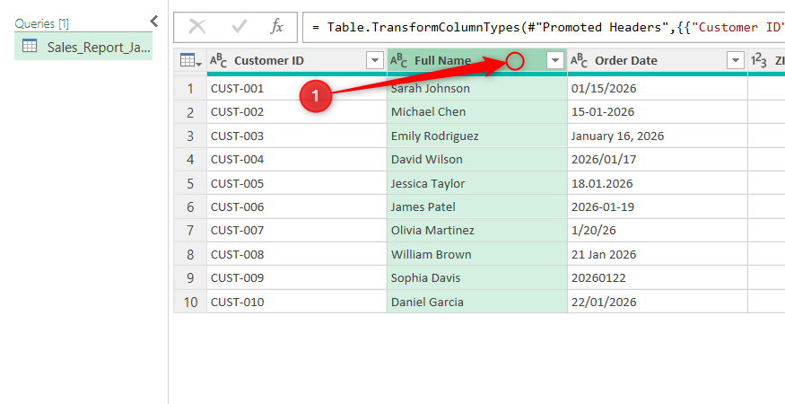 A Full Name column is selected in Excel's Power Query Editor.