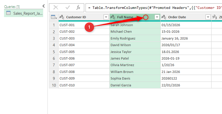 A Full Name column is selected in Excel's Power Query Editor.