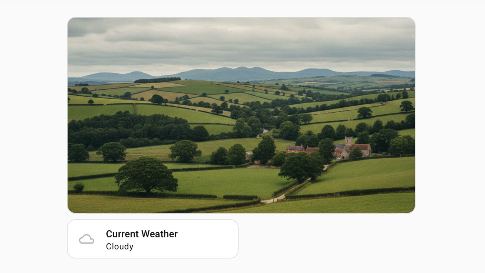 A Home Assistant dashboard Picture card showing an AI-generated cloudy countryside landscape with a Current Weather Cloudy label.