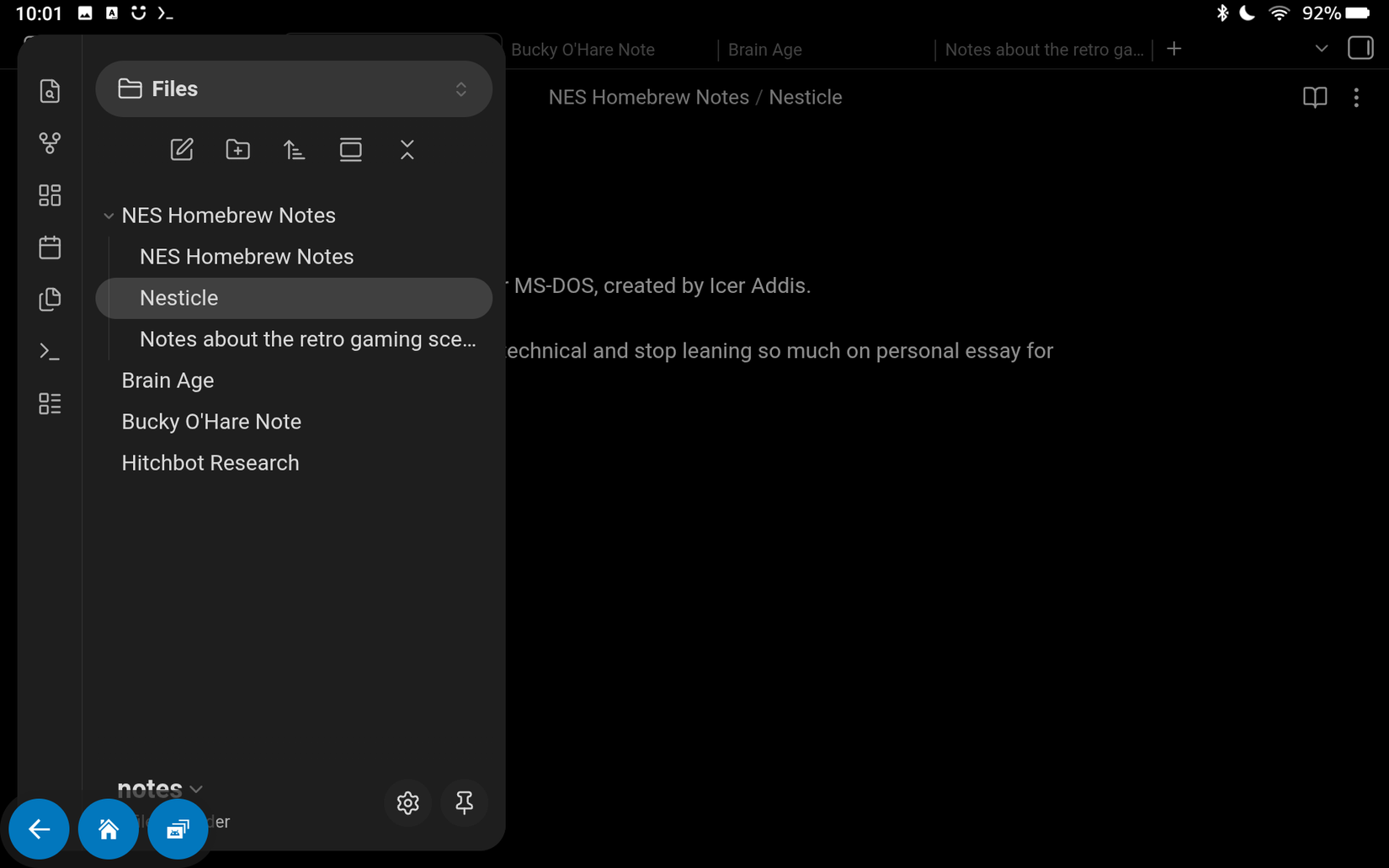 A list of note and file outlines in Obsidian on a Fire Tablet