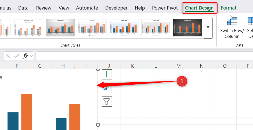 A Microsoft Excel chart is selected to display the contextual Chart Design tab on the ribbon.